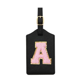 Initial Luggage Tag, PU Leather Luggage Tag, Embroidered Luggage Tag, Letter Luggage Tag, Monogrammed Luggage Tag, Luggage Tag for Baggage Bag Suitcase (A, Black Leather+Pink Letter)