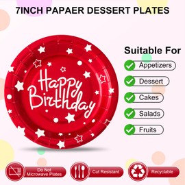 CENLBJ Happy Birthday Party Paper Plates,Red Birthday Dessert Plates,7inch-50pcs,Foil Polka Dots Paper Plates for Birthday Party Decorations