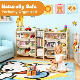Orekemo Toy Storage Organizer, 59.6" W White 5-Shelf Bookcase/Bookshelf with 12 Toy Bins, Large Toy Organizers and Storage, Toy Box for Playrooms, Bedrooms Organization