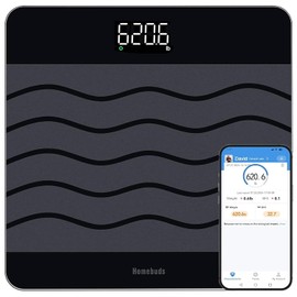 Homebuds 300 kg Personal Scale, Precision 0.05 kg, Our Scales Factory Professional Since 2001, Smart Scales People Digital BMI Per App, 8 mm Tempered Glass 315 x 315 mm, LED, Black