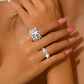 Navirix Rhinestone Rings for Women,Sparkle Crystal Stackable Stretch Rings Set,Glitter Cubic Zirconia Knuckle Ring for Wedding Bride (Two)