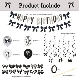 Black Bow Birthday Party Decorations,Happy Birthday Banner Garland and Hanging Swirls,Black and White Balloons with Bows,Cupcake Toppers,Bows Coquette Party Decorations for Girls Women Bow Theme Decor