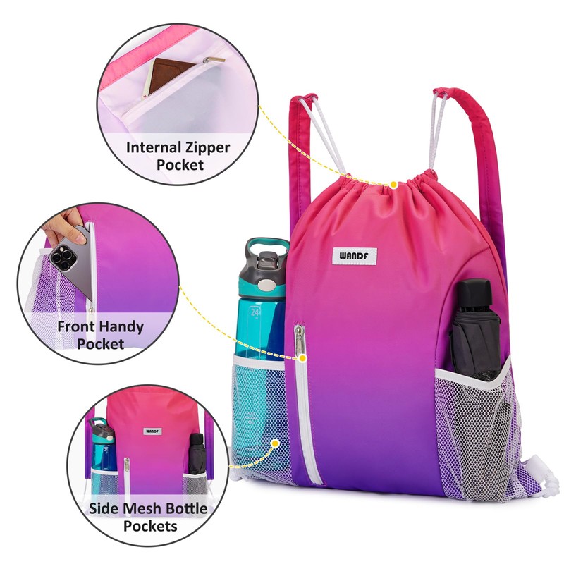 WANDF Drawstring Backpack with Shoulder Pad Sports Gym Backpack with