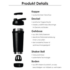 Teemando® Premium Stainless Steel Shaker 750 ml Capacity, BPA-Free, Leak-proof Lid, Removable Shaker Ball, Level Marking, Dishwasher Safe for Protein Shakes, Fitness and Diet (Black)