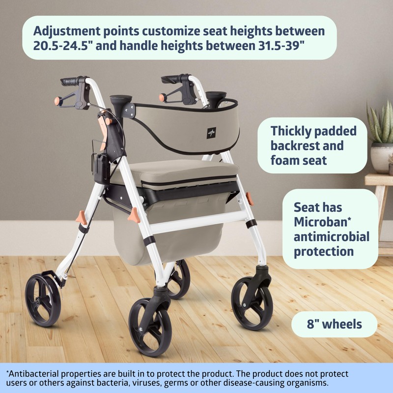 Medline Premium Empower Rollator Walker with Memory Foam Seat, Gray