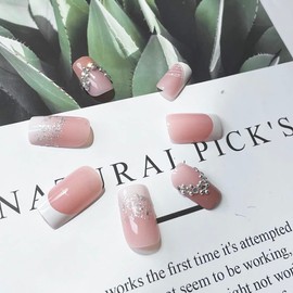 SINLOV Pack of 24 Nude Square Fake Nails Crystal Shiny Print on French Nails Complete Cover Fake Nails for Women and Girls