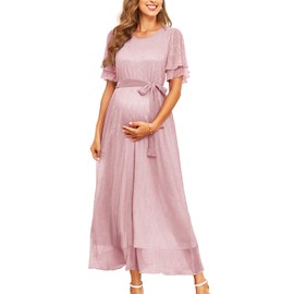AISWI 2025 Maternity Sparkly Mesh Maxi Flowy Dress with Belt Ruffle Sleeves Pregnant Long Dress Baby Shower Photoshoot Formal, Light Pink, Large
