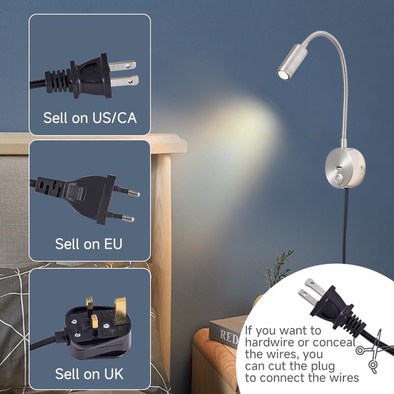 Dimmable Wall Mounted Reading Light with USB Charging Port, Plug-in