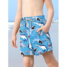 BesserBay Little Boys Summer Blue Shark Adjustable Drawstring Stretch Swim Trunks Beach Athletic Compression Liner Boardshorts 6 Years