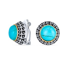 Set of 2 Bali Style Two Tone Black Simulated Onyx Blue Simulated Turquoise Dome Clip On Earrings For Women Non Pierced Ear Silver Gold Plated