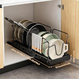 Organizador de Sartenes y ollas, Organizador De Sartenes Y Ollas Corredero Porta Sartenes, 10 Compartimentos Ajustables Metal Estante Tapas de Ollas Cajon Negro