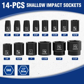 WORKPRO 1/2” Drive Shallow Impact Socket Set, SAE Cr-V Steel 6-Point Socket Set with Storage Case for Automotive Maintenance and Repairs (14PCS 3/8”-1-1/4")