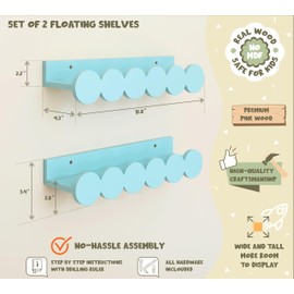 CNK Nursery Floating Shelves for Wall Mounted Set of 2 Book Shelf for Kids, Toddler, Baby Rooms Natural Pine Wood Bookshelf Toy Storage with Rack Playroom Decor - Mint Color