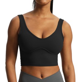 Aoxjox Women's Workout Brooke Tank Crop Curve Longline Fitness Sports Bras Padded Training Gym Bra Yoga Top (Black, Small)