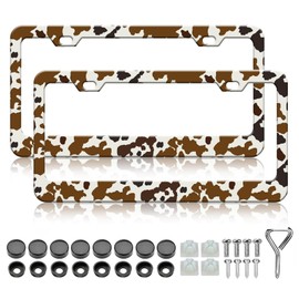LIN KANG Brown Cow Print License Plate Frames - 2 Pack Funny Animal Spots Print Aluminum Metal License Plate Holder Covers,Rust-Proof Waterproof Car Decorative Tag Frames for Standard US 12x6 Inch