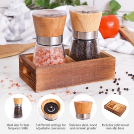 Wood Salt and Pepper Grinder Set with Holder, Manual Sea Salt, Peppercorn and Spice Mill, Glass Container, Adjustable Coarseness and Refillable