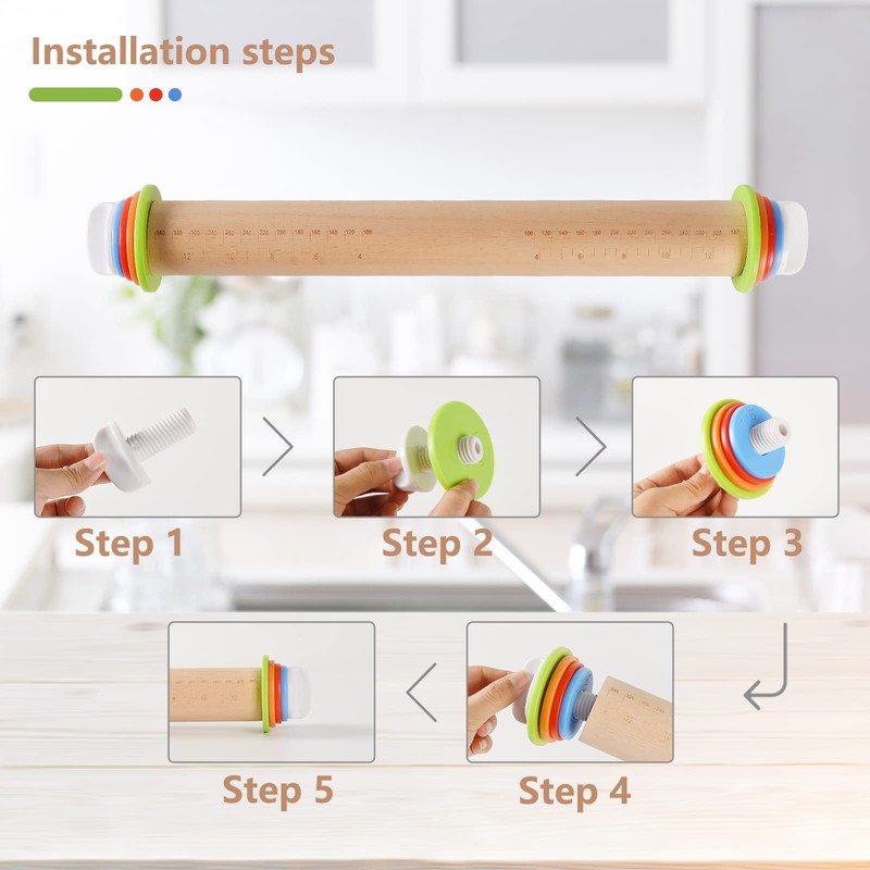 Yasashii Wood Rolling Pin With 4 Adjustable Thickness Rings, Non-stick