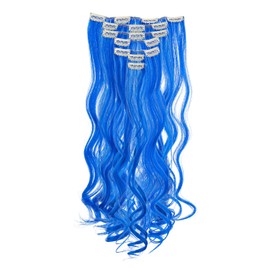 SWACC 7 Pcs Full Head Party Highlights Clip on in Hair Extensions Colored Hair Streak Synthetic Hairpieces (20-Inch Curly, Blue)