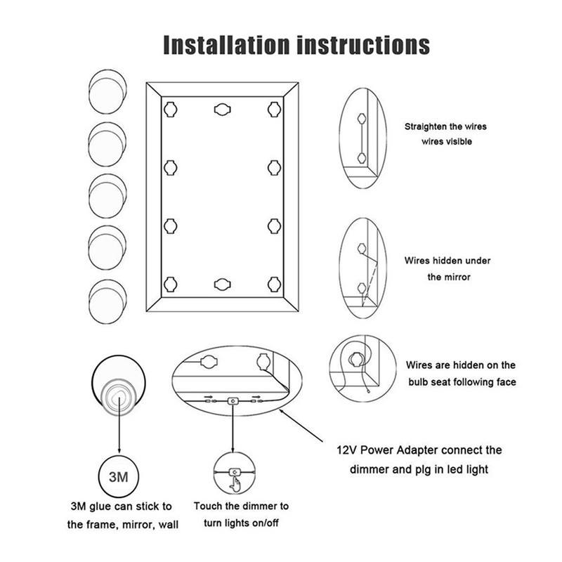 12Pcs LED Mirror Light Lamp Vanity Kit for Makeup Dressing