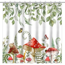 Mocsicka Mushroom Shower Curtain Sage Green Leaves Shower Curtain with 12 Hooks Boho Floral Butterfly Mushroom Bathroom Decor Waterproof Fabric Shower Curtain, 72''X72''