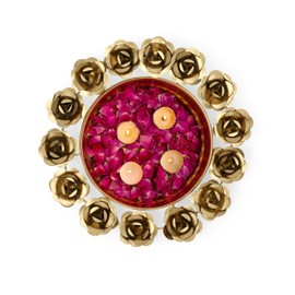 Decorative Metal Bowl with Diya Design, Golden colour,Uruli, urli with bowl, /Candle Festive Decor urli/urli with stand -Event/wedding/Diwali/Christmas decoration (Rose urli)