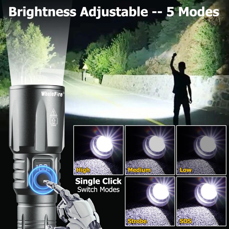 WholeFire 90000000Lumen Super Bright LED Tactical Flashlight Rechargeable LED Work