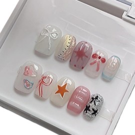 Medium Square Press on Nails French Tip Handmade False Nails with Designs/Charms, Y2k Short Coffin Reusable Fake Nails (Bowknot Pink, S)