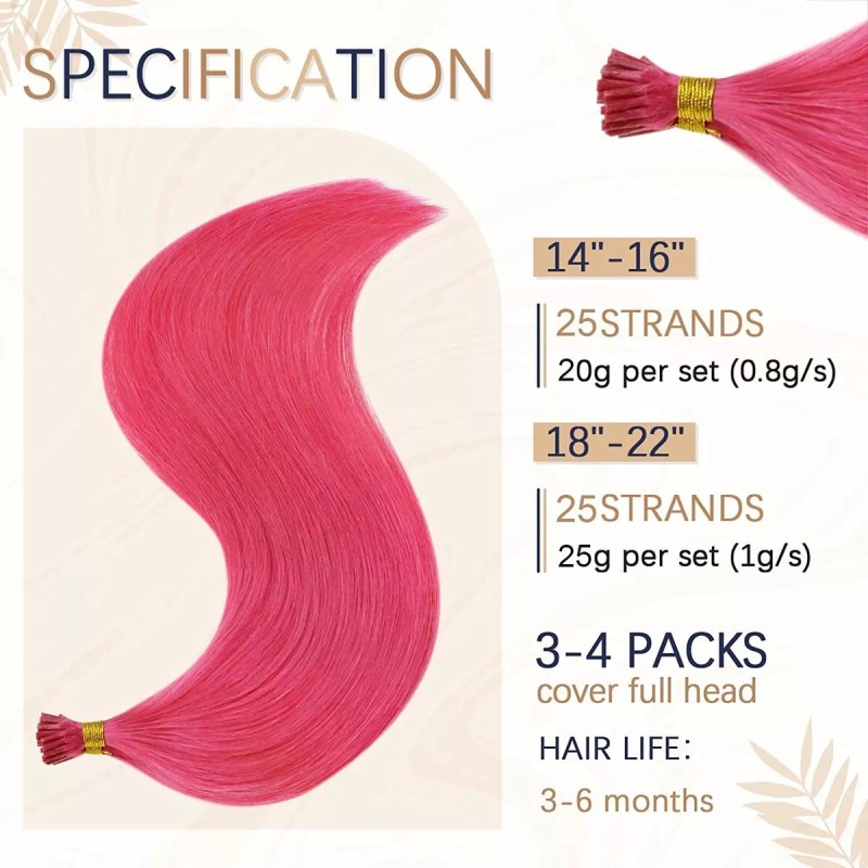 Runature Extensiones De Cabello 100% Humano 25gr 20in Rosa Caliente