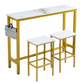 Finnhomy 52.7" Industrial Bar Table Set with 2 Stools - Counter Height Dining & Pub Table for Small Spaces, Kitchen, Apartment, Nook - Metal & Wood, Space-Saving Furniture - White Marble and Gold