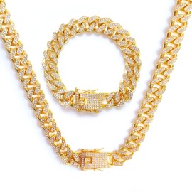 12 MM Cuban Link Chain Iced Out for Men, 50/55/60cm Men's Cuban Link Chain Gold Silver Miami Cuban Link Choker Necklace Bracelet, Unisex Hip Hop Jewelry Gift for Father's Day (Gold, 60)