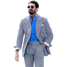 Mrbuerly Men's Seersucker Suits 2 Piece Casual Summer Beach Wedding Prom Suit Navy Blue Seersucker Striped Blazer Pants Set S