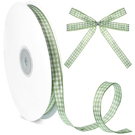 50 Yards Green Plaid Ribbon, 3/8 Inch Green and White Gingham Ribbon