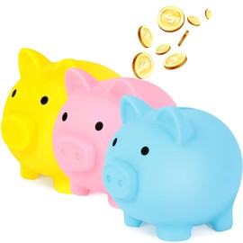CCCYMM 3 Pcs Small Cute Piggy Bank Plastic Pig Money Bank Adults Piggy Bank Pig Money Box Coin Bank Plastic Saving Coin Box for Boys Girls Kids (Pink, Blue, Yellow)
