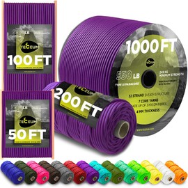 TECEUM Paracord Type III 550 Purple – 100 ft – 4mm – Tactical Rope MIL-SPEC – Outdoor Para Cord –Camping Hiking Fishing Gear and Equipment – EDC Parachute Cord – Strong Survival Rope