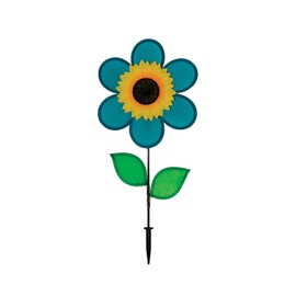 In the Breeze 2776 — 12-inch Teal Sunflower Wind Spinner with Leaves — Colorful Flower for Yard and Garden