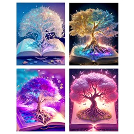 KiKiHong Diamond Painting Set of 4, Diamond Painting Tree of Life, Adults, Children, DIY Cross Embroidery Painting Kits for Home Wall Decoration, 30 x 40 cm