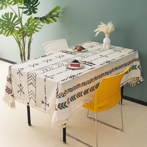 Cotton Tablecloth Water Resistant Boho Tablecloth with White Tassels Rustic