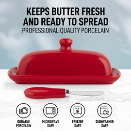 Zulay Butter Dish With Lid For Countertop - Porcelain White, Ceramic Butter Dish with Knob Handle Great for Cooking - Elegant Design Butter Holder - Durable & Sturdy Butter Keeper - Red