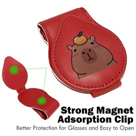 TSTESE Car Sunglasses Clip Holder Leather Magnetic Sun Visor Sunglass Cute Capybara Organizer Interior Truck Eyeglass Ticket Card Clips Holders Universal Accessories Cool Gadgets Gifts (Red)
