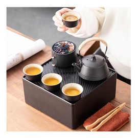 Portable Charcoal Grey Porcelain Tea Set - CHINA TEA SET w/ 1 Teapot (205ml/7.1oz) & 4 Tea Cups (40ml/1.35oz), Gongfu Tea Set, Asian Tea Pot, Travel Tea Tray Storage Case