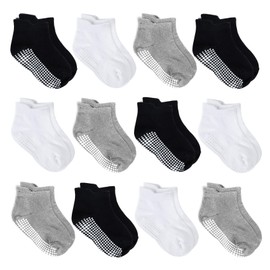 Tenpluszero 12 Pairs Anti Slip Baby Ankle Socks with Non Skid Grips for Toddler Kids Boys Girls, 12pairs - Black,white,grey, 1-3 Years