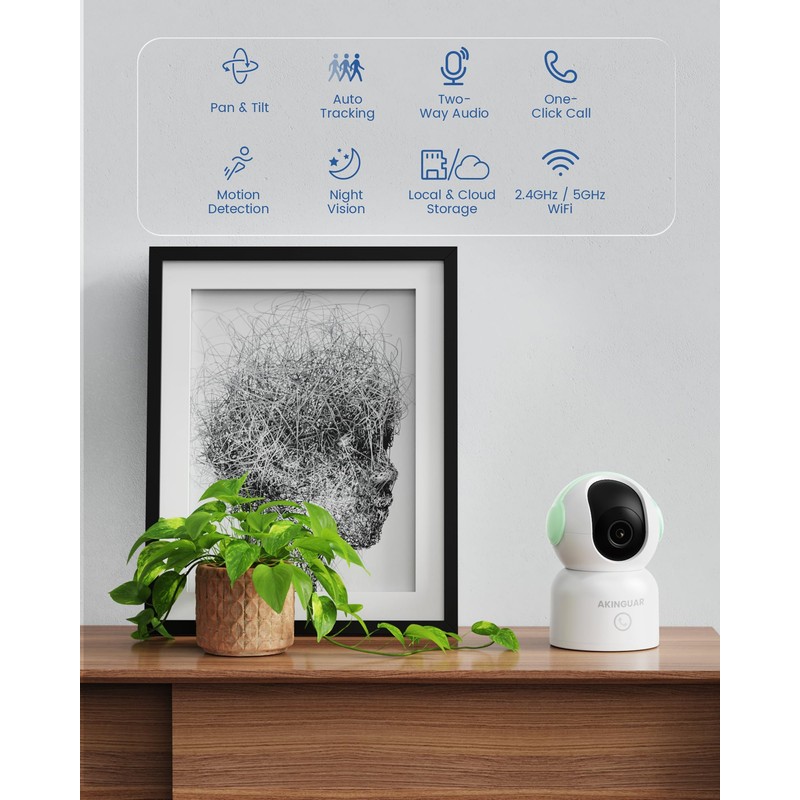 AKINGUAR 2K 3MP WiFi Indoor Surveillance Camera, 2.4/5 GHz WiFi