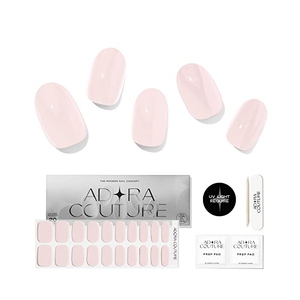 Adora Couture Semi Cured Gel Nail Strips | Glossy Light Pink Nude Milky White Rose Nude Stick on Nail Polish Strips | Full Decal Press On Sticker Nail Wraps for Women | Salon Nails at Home Kit - UV Required (Barely There)