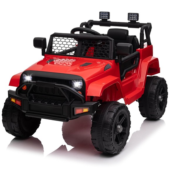 GAOMON Electric Car for Kids with Remote Control, 12V Ride on Toys for 1+ Year Old, 3 Speeds Truck to Drive, Music MP3, Spring Suspension, Safety Belt, LED Lights, Double Open Doors（Red）