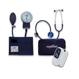MEDSTAR | Baumanómetro con Estetoscopio Simple Azul + Oximetro Blanco de Pulso Ligero para Dedo, Adulto e Infantil, Incluye Estuche y Cordón