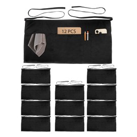 Xeoxarel 12 Pack Server Aprons with 4 Pockets, Unisex Waitress Waiter Waist Apron for Women and Man Half Black 11.5''