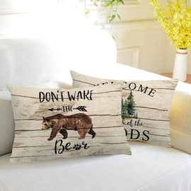 2Pack Forest Animals Pillow Cover Double-sided printed Wood Grain Background Wake The Bear Rectangular/Waist Cushion Cover Vintage Style Farmhouse Home Decor Pillowcases 12" x 20" for Patio Sofa Couch