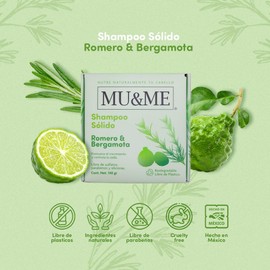 MU&ME Shampoo en Barra para Crecimiento y Control - Shampoo de Romero para el Cabello Natural Hecho en México - Sin Sulfatos ni Parabenos e Hidratante - Biodegradable (Romero & Bergamota) (140gr)