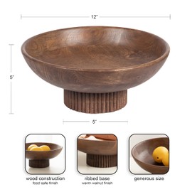Kate and Laurel Rooks Modern Decorative Ribbed Wood Bowl, 12 Inch Diameter, Walnut Brown, Transitional Raised Fruit Bowl for Kitchen Counter or Use as Living Room or Entryway Table Decor