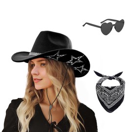 SHENYI Cowgirl Hat and Bandana and Heart Sunglasses Glitter Rhinestone Star Cowboy Hat Western Sparkly Hats for Women Men (US, Alpha, One Size, Medium, Black)